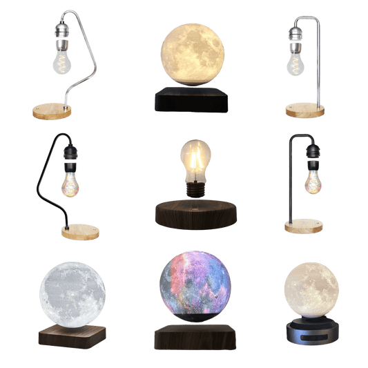 Different Magnetic Levitating Lamps in different colors, shapes and sizes.