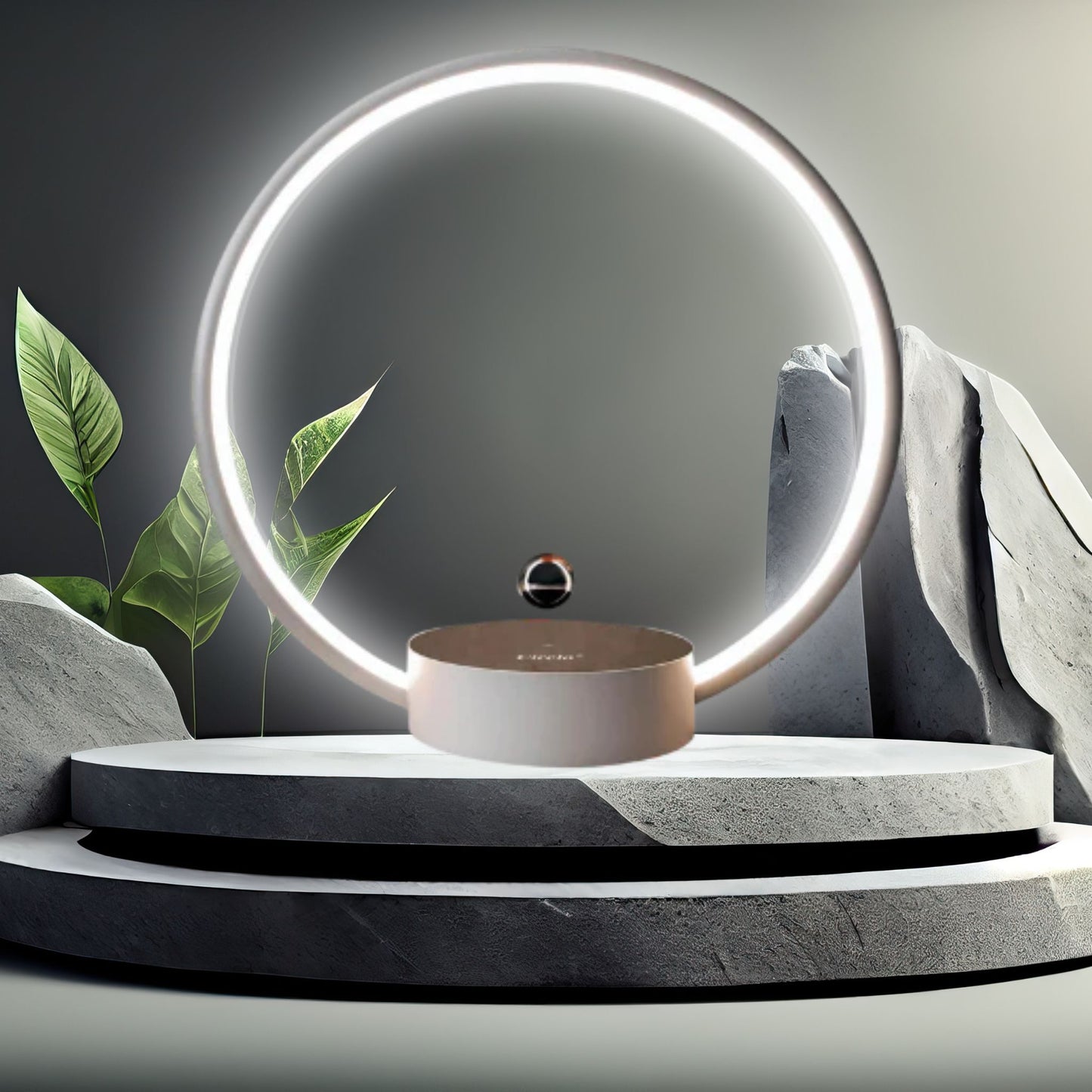 Modern levitating lamp with glowing LED ring